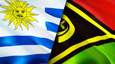 Uruguay ve Vanuatu bayrakları. 3 boyutlu dalgalanan bayrak tasarımı. Uruguay Vanuatu bayrağı, resim, duvar kağıdı. Uruguay, Vanuatu 'ya karşı, görüntü 3 boyutlu. Uruguay Vanuatu ilişkileri ittifak ve ticaret, seyahat, turizm konsepti