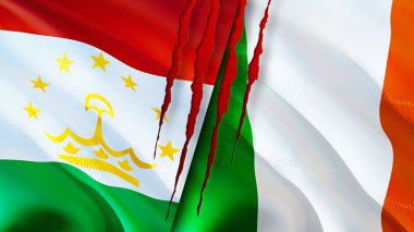 Tacikistan ve İrlanda bayrakları ve yara izi konsepti. Dalgalanan bayrak, 3 boyutlu görüntüleme. Tacikistan ve İrlanda çatışma konsepti. Tacikistan İrlanda ilişkileri kavramı. Tacikistan bayrağı ve İrlanda krizi, savaş