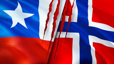 Şili ve Norveç bayrakları yara izi konseptiyle. Dalgalanan bayrak, 3 boyutlu görüntüleme. Şili ve Norveç çatışması konsepti. Şili Norveç ilişkileri kavramı. Şili ve Norveç bayrağı krizi, savaş, saldırı konsepti