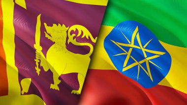 Sri Lanka ve Etiyopya bayrakları. 3 boyutlu dalgalanan bayrak tasarımı. Sri Lanka Etiyopya bayrağı, resim, duvar kağıdı. Sri Lanka Etiyopya 'ya karşı 3 boyutlu görüntü. Sri Lanka Etiyopya İlişkiler Birliği
