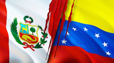 Yara izi olan Peru ve Venezuela bayrakları. Dalgalanan bayrak, 3 boyutlu görüntüleme. Peru ve Venezuela çatışma konsepti. Peru Venezuela ilişkileri kavramı. Peru ve Venezuela bayrağı krizi, savaş, saldırı konsepti