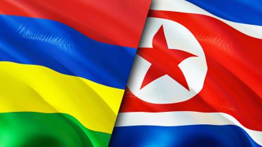 Mauritius ve Kuzey Kore bayrakları. 3 boyutlu dalgalanan bayrak tasarımı. Mauritius Kuzey Kore bayrağı, resim, duvar kağıdı. Mauritius, Kuzey Kore 'ye karşı, görüntü 3D. Mauritius Kuzey Kore ilişkileri