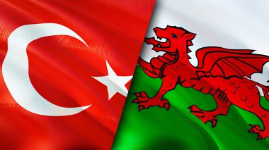 Hindi ve Galler bayrakları. 3 boyutlu dalgalanan bayrak tasarımı. Hindi Galler bayrağı, resim, duvar kağıdı. Türkiye, Galler 'e karşı, görüntü 3D. Türkiye Galler ilişkileri ittifak ve ticaret, seyahat ve turizm kavramları