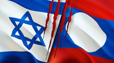 Yara izi olan İsrail ve Laos bayrakları. Dalgalanan bayrak, 3 boyutlu görüntüleme. İsrail ve Laos çatışma konsepti. İsrail Laos ilişkileri kavramı. İsrail bayrağı ve Laos krizi, savaş, saldırı konsepti