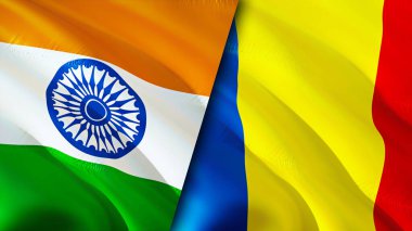 Hindistan ve Romanya bayrakları. 3 boyutlu dalgalanan bayrak tasarımı. Hindistan Romanya bayrağı, resim, duvar kağıdı. Hindistan Romanya 'ya karşı, görüntü 3 boyutlu. Hindistan Romanya ilişkileri ittifak ve ticaret, seyahat ve turizm konsepti