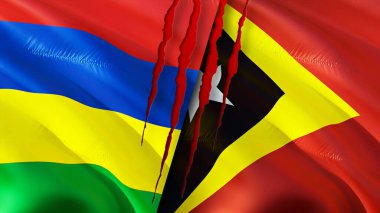Mauritius ve Doğu Timor bayraklarında yara izi var. Dalgalanan bayrak, 3 boyutlu görüntüleme. Mauritius ve Doğu Timor çatışma konsepti. Mauritius Doğu Timor ilişkileri kavramı. Mauritius ve Doğu Timo bayrağı
