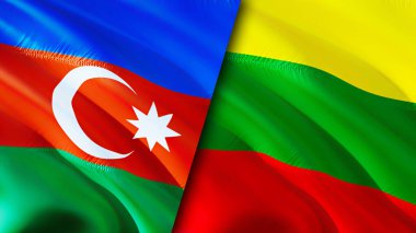 Azerbaycan ve Litvanya bayrakları. 3 boyutlu dalgalanan bayrak tasarımı. Azerbaycan Litvanya bayrağı, resim, duvar kağıdı. Azerbaycan Litvanya 'ya karşı, görüntü 3D. Azerbaycan Litvanya ilişkileri ittifakı