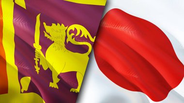 Sri Lanka ve Japonya bayrakları. 3 boyutlu dalgalanan bayrak tasarımı. Sri Lanka Japonya bayrağı, resim, duvar kağıdı. Sri Lanka, Japonya imajına karşı, 3D görüntüleme. Sri Lanka Japonya ilişkileri ittifak ve ticaret, seyahat, turizm konsepti