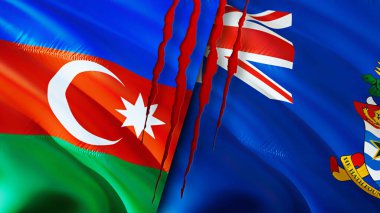 Azerbaycan ve Cayman Adaları yara izi olan bayraklar. Dalgalanan bayrak, 3 boyutlu görüntüleme. Azerbaycan ve Cayman Adaları çatışma konsepti. Azerbaycan Cayman Adaları ilişkileri kavramı. Azerbaycan bayrağı