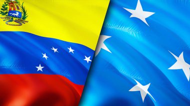 Venezuela ve Mikronezya bayrakları. 3 boyutlu dalgalanan bayrak tasarımı. Venezuela Mikronezya bayrağı, resim, duvar kağıdı. Venezuela, Mikronezya 'ya karşı, görüntü 3 boyutlu. Venezuela Mikronezya ilişkileri