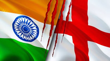 Hindistan ve İngiltere yara izi kavramına sahip bayraklar. Dalgalanan bayrak, 3 boyutlu görüntüleme. Hindistan ve İngiltere çatışma konsepti. Hindistan İngiltere ilişkileri kavramı. Hindistan ve İngiltere bayrağı krizi, savaş, saldırı konsepti