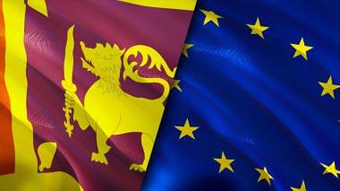 Sri Lanka ve Avrupa Birliği bayrakları. 3 boyutlu dalgalanan bayrak tasarımı. Sri Lanka Avrupa Birliği bayrağı, resim, duvar kağıdı. Sri Lanka, Avrupa Birliği imajına karşı, 3D görüntüleme. Sri Lanka Avrupa Birliği ilişkileri