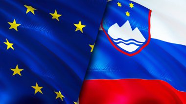 Avrupa Birliği ve Slovenya bayrakları. 3 boyutlu dalgalanan bayrak tasarımı. Avrupa Birliği Slovenya bayrağı, resim, duvar kağıdı. Avrupa Birliği Slovenya 'ya karşı imaj, 3D görüntüleme. Avrupa Birliği Slovenya ilişkileri ittifak