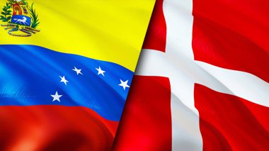 Venezuela ve Danimarka bayrakları. 3 boyutlu dalgalanan bayrak tasarımı. Venezuela Danimarka bayrağı, resim, duvar kağıdı. Venezuela, Danimarka imajına karşı, 3D görüntüleme. Venezuela Danimarka ilişkileri ittifak ve ticaret, seyahat, turnuva
