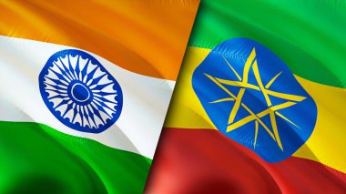 Hindistan ve Etiyopya bayrakları. 3 boyutlu dalgalanan bayrak tasarımı. Hindistan Etiyopya bayrağı, resim, duvar kağıdı. Hindistan Etiyopya 'ya karşı, görüntü 3 boyutlu. Hindistan Etiyopya ilişkileri ittifak ve ticaret, seyahat, turizm konsepti