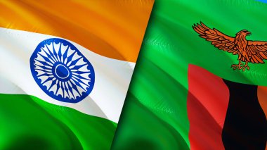 Hindistan ve Zambiya bayrakları. 3 boyutlu dalgalanan bayrak tasarımı. Hindistan Zambiya bayrağı, resim, duvar kağıdı. Hindistan, Zambiya 'ya karşı, görüntü 3 boyutlu. Hindistan Zambiya ilişkileri ittifak ve ticaret, seyahat, turizm konsepti
