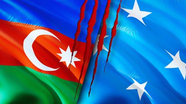 Yara izi olan Azerbaycan ve Mikronezya bayrakları. Dalgalanan bayrak, 3 boyutlu görüntüleme. Azerbaycan ve Mikronezya çatışma konsepti. Azerbaycan Mikronezya ilişkileri kavramı. Azerbaycan ve Mikronesi bayrağı