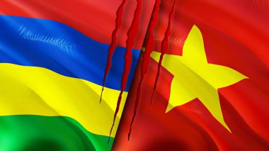 Yara izi olan Mauritius ve Vietnam bayrakları. Dalgalanan bayrak, 3 boyutlu görüntüleme. Mauritius ve Vietnam çatışması konsepti. Mauritius Vietnam ilişkileri kavramı. Mauritius bayrağı ve Vietnam krizi, savaş, attac