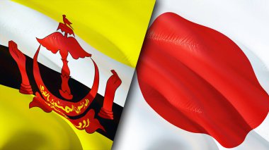 Brunei ve Japonya bayrakları. 3 boyutlu dalgalanan bayrak tasarımı. Brunei Japonya bayrağı, resim, duvar kağıdı. Brunei, Japonya 'ya karşı, görüntü 3 boyutlu. Brunei Japonya ilişkileri ittifak ve ticaret, seyahat, turizm konsepti
