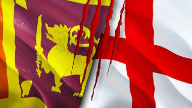 Sri Lanka ve İngiltere yara izi olan bayraklar. Dalgalanan bayrak, 3 boyutlu görüntüleme. Sri Lanka ve İngiltere çatışma konsepti. Sri Lanka İngiltere ilişkileri kavramı. Sri Lanka bayrağı ve İngiltere krizi, savaş, attac