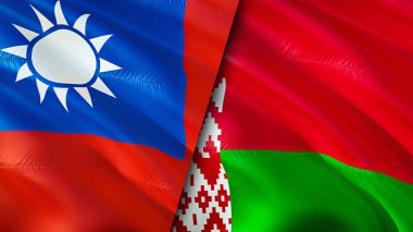Tayvan ve Belarus bayrakları. 3 boyutlu dalgalanan bayrak tasarımı. Tayvan Beyaz Rusya bayrağı, resim, duvar kağıdı. Tayvan, Belarus 'a karşı, görüntü 3 boyutlu. Tayvan Belarus ilişkileri ittifak ve ticaret, seyahat, turizm konsepti