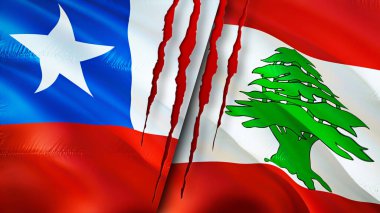 Yara izi olan Şili ve Lübnan bayrakları. Dalgalanan bayrak, 3 boyutlu görüntüleme. Şili ve Lübnan çatışma konsepti. Şili Lübnan ilişkileri kavramı. Şili ve Lübnan bayrağı krizi, savaş, saldırı konsepti