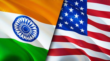 Hindistan ve ABD bayrakları. 3 boyutlu dalgalanan bayrak tasarımı. Hindistan Amerikan bayrağı, resim, duvar kağıdı. Hindistan, ABD imajına karşı, 3D görüntüleme. Hindistan ABD ilişkileri ittifak ve ticaret, seyahat, turizm konsepti