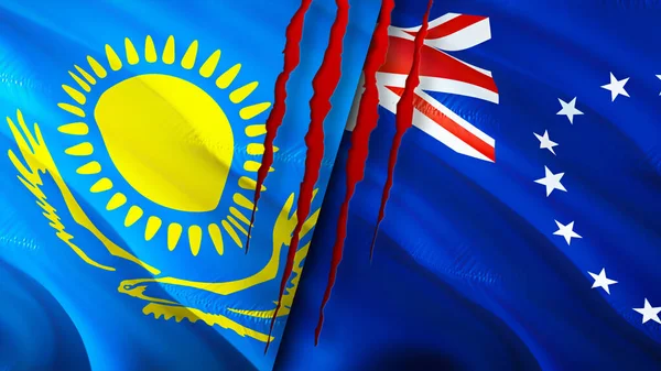 Σημαίες Καζακστάν Και Νήσων Κουκ Έννοια Ουλή Κυματιστή Σημαία Τρισδιάστατη — Φωτογραφία Αρχείου