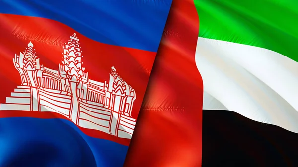 Cambodia and United Arab Emirates flags. 3D Waving flag design. Cambodia United Arab Emirates flag, picture, wallpaper. Cambodia vs United Arab Emirates image,3D rendering. Cambodia United Ara