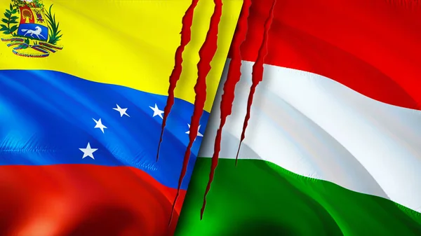 Venezuela and Hungary flags with scar concept. Waving flag,3D rendering. Venezuela and Hungary conflict concept. Venezuela Hungary relations concept. flag of Venezuela and Hungary crisis,war, attac