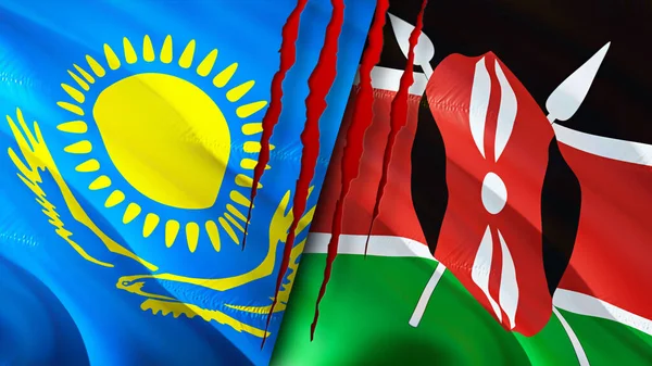 Kazakhstan and Kenya flags with scar concept. Waving flag,3D rendering. Kazakhstan and Kenya conflict concept. Kazakhstan Kenya relations concept. flag of Kazakhstan and Kenya crisis,war, attac