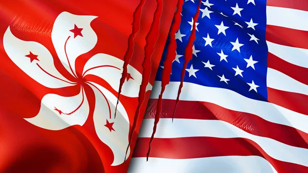 Hong Kong and United States flags with scar concept. Waving flag,3D rendering. Hong Kong and United States conflict concept. Hong Kong United States relations concept. flag of Hong Kong and Unite