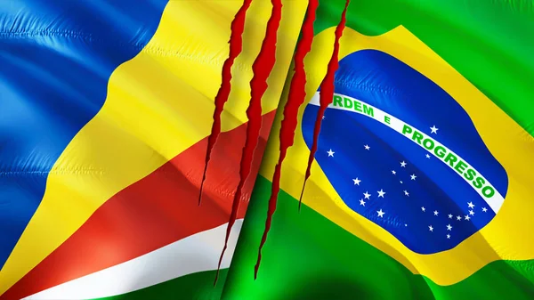 Bandeiras Das Seychelles Brasil Com Conceito Cicatriz Bandeira Ondulada Renderização — Fotografia de Stock