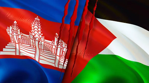 Cambodia and Palestine flags with scar concept. Waving flag,3D rendering. Cambodia and Palestine conflict concept. Cambodia Palestine relations concept. flag of Cambodia and Palestine crisis,war