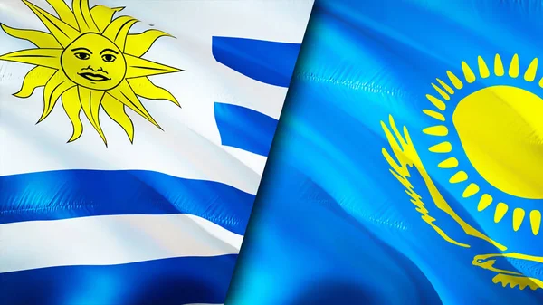 Uruguay Kazakistan Bayrakları Boyutlu Dalgalanan Bayrak Tasarımı Uruguay Kazakistan Bayrağı — Stok fotoğraf