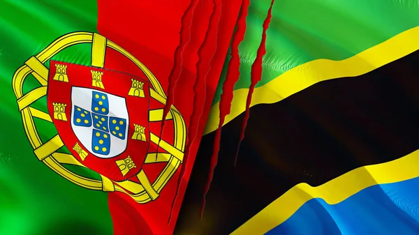 Portekiz Tanzanya Bayraklarında Yara Izi Var Dalgalanan Bayrak Boyutlu Görüntüleme — Stok fotoğraf