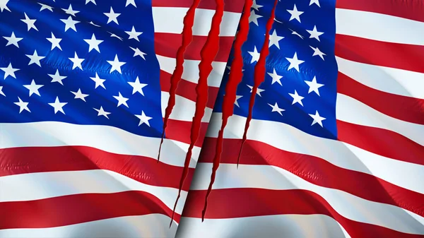 具有疤痕概念的美国和美国国旗 飘扬的旗帜 3D渲染 美国和美国的冲突概念 美国的关系概念 美国国旗危机 — 图库照片