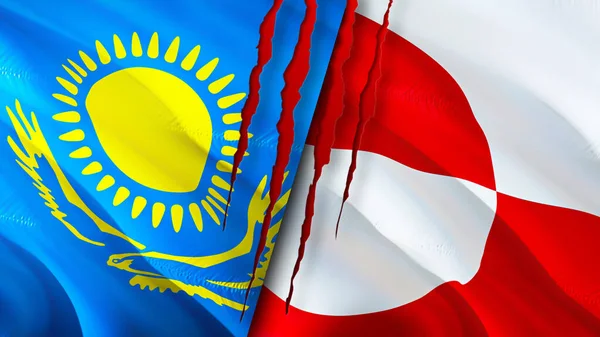 Kazakhstan Greenland Flags Scar Concept Waving Flag Rendering Kazakhstan Greenland — Stock Photo, Image