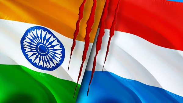 带有伤疤概念的印度和卢森堡国旗 飘扬的旗帜 3D渲染 印度和卢森堡冲突概念 印度卢森堡关系概念 印度和卢森堡国旗危机 战争C — 图库照片