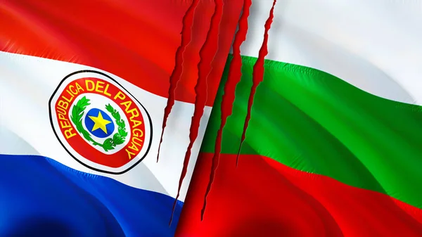 Paraguay and Bulgaria flags with scar concept. Waving flag,3D rendering. Paraguay and Bulgaria conflict concept. Paraguay Bulgaria relations concept. flag of Paraguay and Bulgaria crisis,war, attac