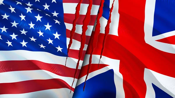 USA and United Kingdom flags with scar concept. Waving flag,3D rendering. USA and United Kingdom conflict concept. USA United Kingdom relations concept. flag of USA and United Kingdom crisis,war