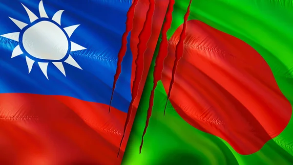 Taiwan and Bangladesh flags with scar concept. Waving flag,3D rendering. Taiwan and Bangladesh conflict concept. Taiwan Bangladesh relations concept. flag of Taiwan and Bangladesh crisis,war, attac