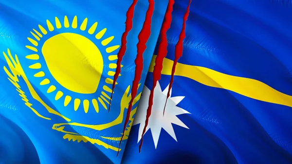 Kazakhstan and Nauru flags with scar concept. Waving flag,3D rendering. Kazakhstan and Nauru conflict concept. Kazakhstan Nauru relations concept. flag of Kazakhstan and Nauru crisis,war, attac