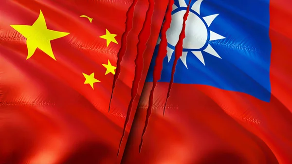 China and Taiwan flags with scar concept. Waving flag,3D rendering. China and Taiwan conflict concept. China Taiwan relations concept. flag of China and Taiwan crisis,war, attack concep