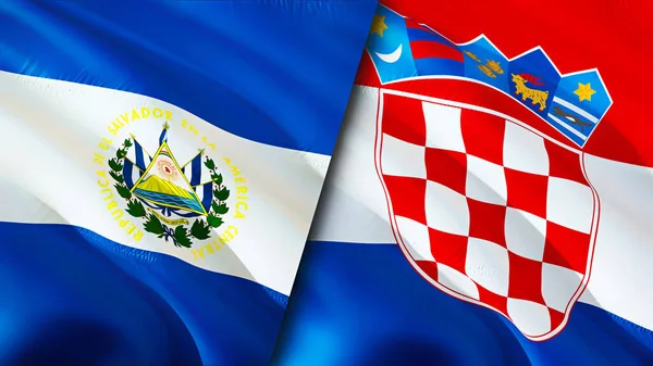 El Salvador and Croatia flags. 3D Waving flag design. El Salvador Croatia flag, picture, wallpaper. El Salvador vs Croatia image,3D rendering. El Salvador Croatia relations war allianc
