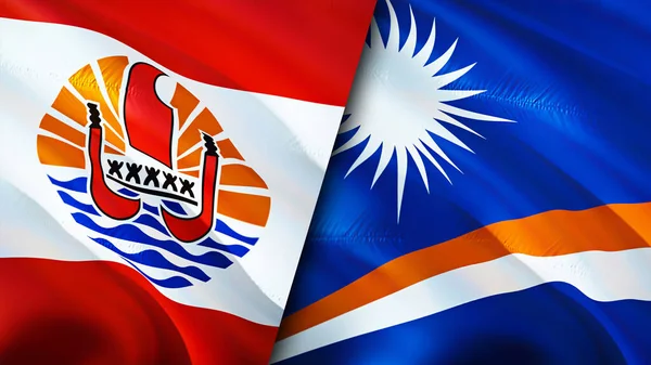 French Polynesia and Marshall Islands flags. 3D Waving flag design. French Polynesia Marshall Islands flag, picture, wallpaper. French Polynesia vs Marshall Islands image,3D rendering. Frenc