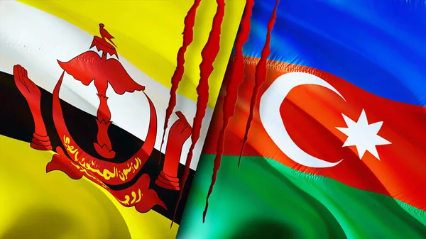 Brunei and Azerbaijan flags with scar concept. Waving flag,3D rendering. Brunei and Azerbaijan conflict concept. Brunei Azerbaijan relations concept. flag of Brunei and Azerbaijan crisis,war, attac