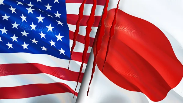 USA and Japan flags with scar concept. Waving flag,3D rendering. USA and Japan conflict concept. USA Japan relations concept. flag of USA and Japan crisis,war, attack concep