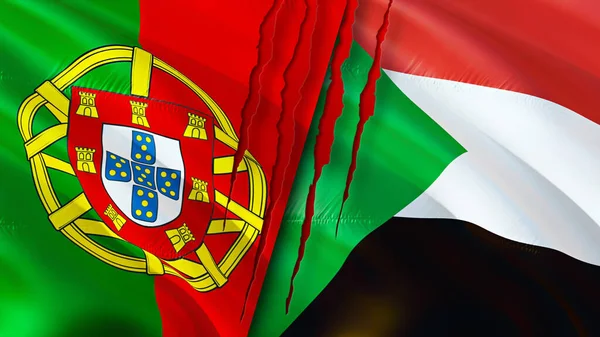 ポルトガルとスーダンの国旗には傷の概念がある 旗を振って3Dレンダリング ポルトガルとスーダンの紛争の概念 ポルトガル スーダン関係の概念 ポルトガルとスーダンの危機戦争攻撃コンプ — ストック写真