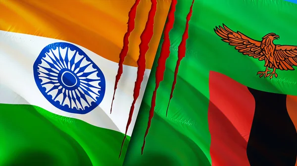 India Zambia Vlaggen Met Litteken Concept Wuivende Vlag Weergave Conflictconcept — Stockfoto